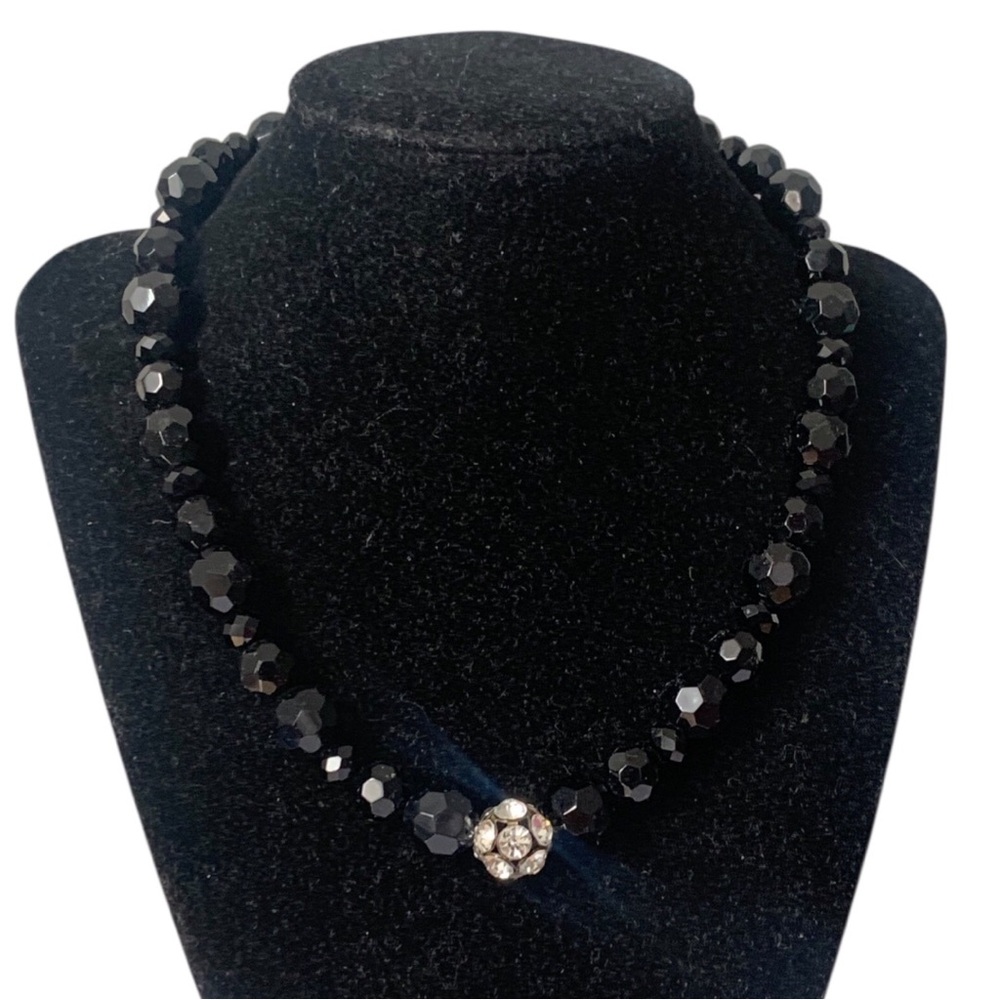 Vintage Black Multi-Faceted Bead Necklace with Crystal Flower Accent